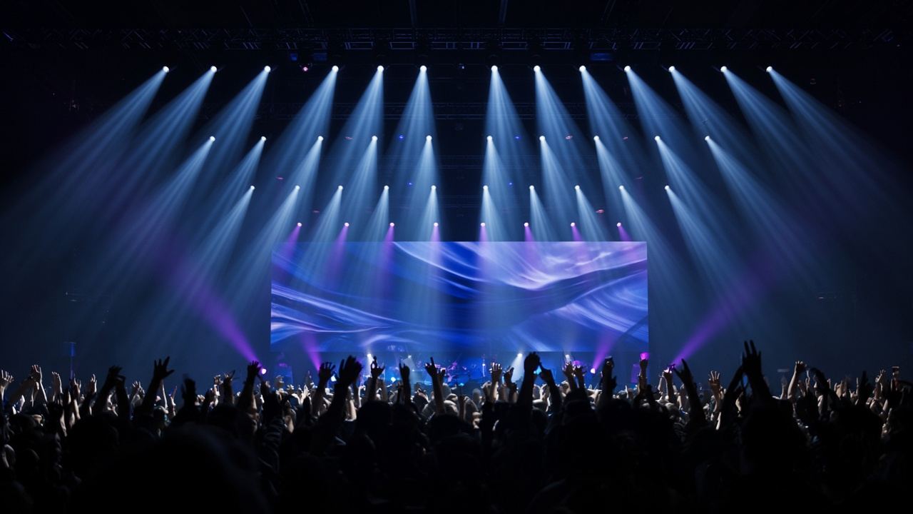 Concert stage with LED wall and moving light beams